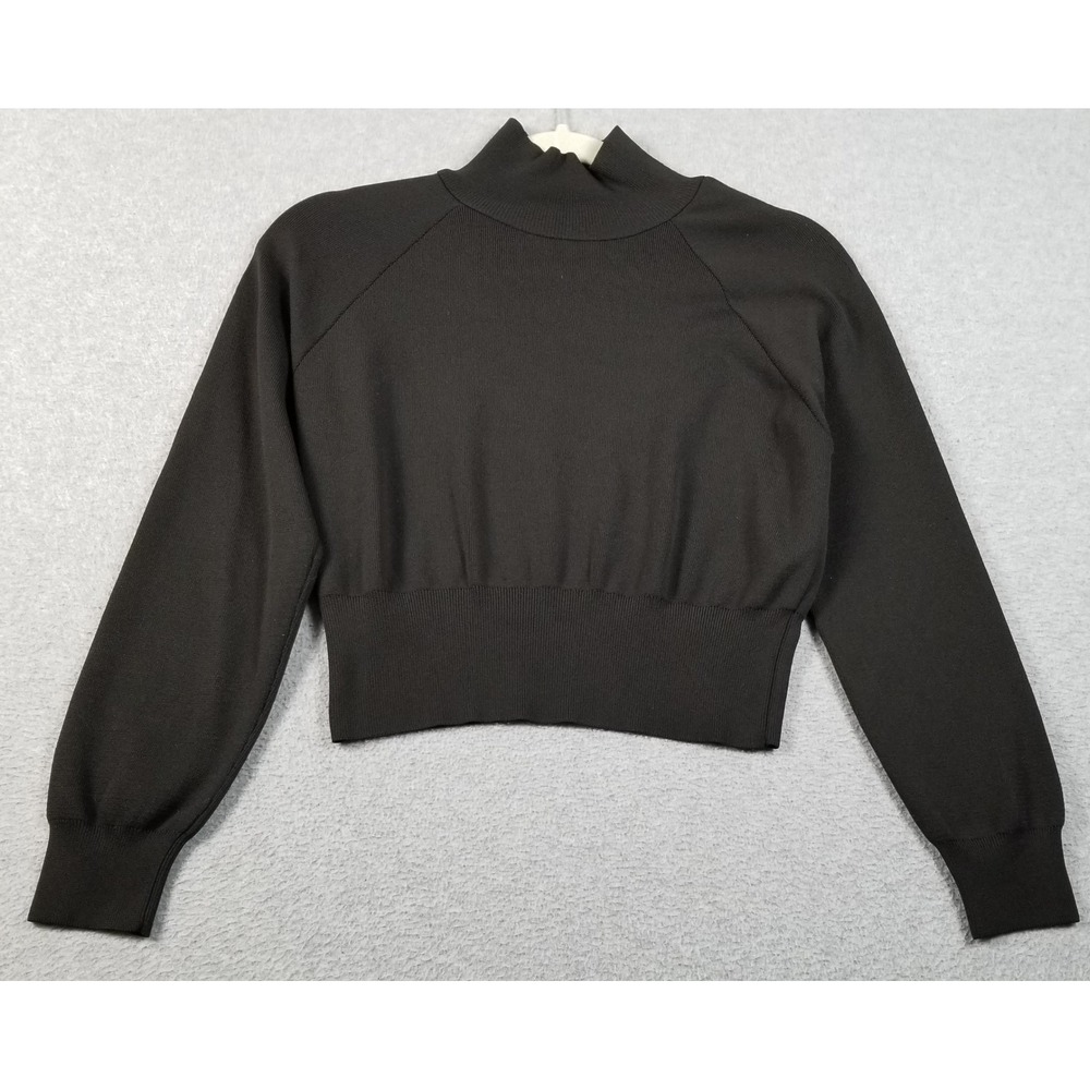 Zara Crop Sweater Women Small Black Mock Neck Knit Pullover Stretch Long Sleeve